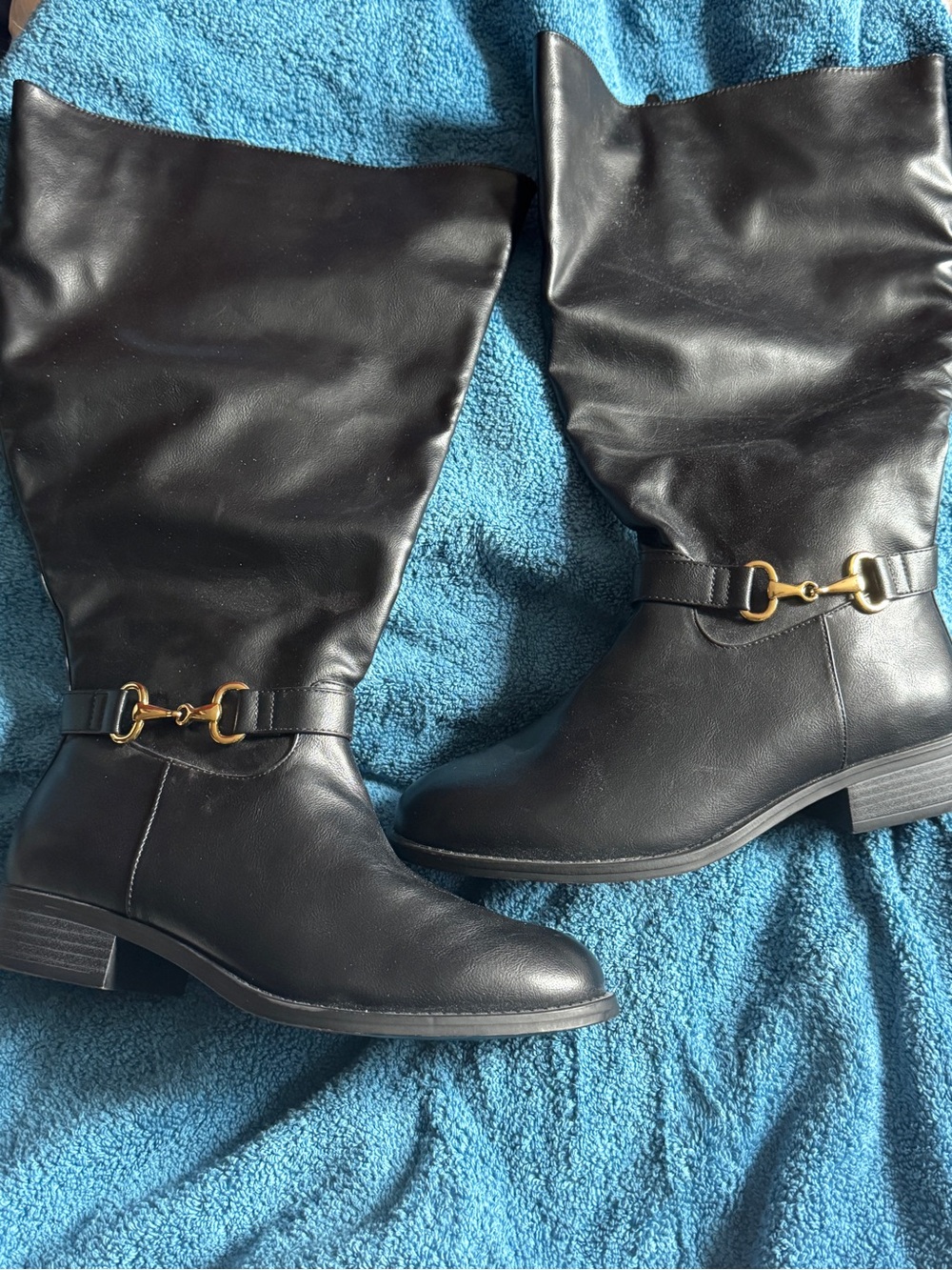Black Knee-High Riding Boots with Gold Bit Detail